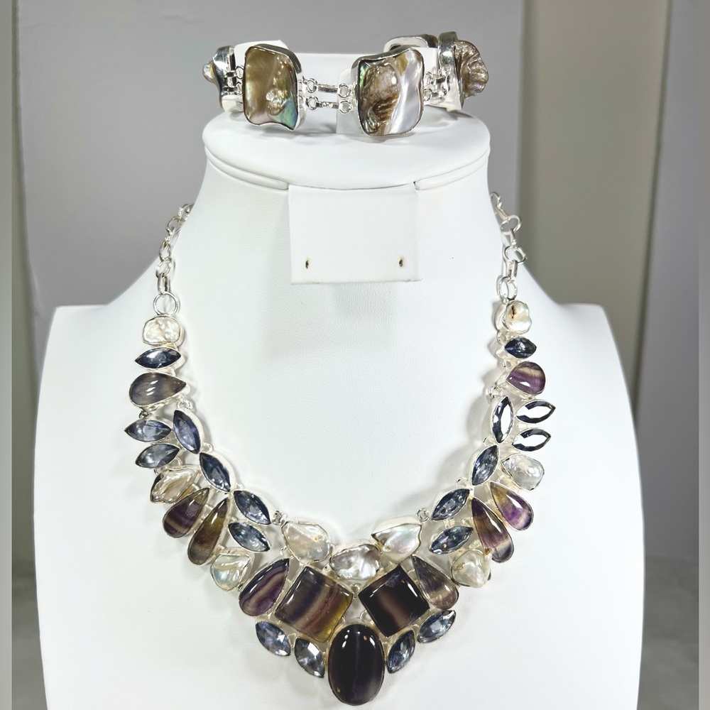 Beautiful 925 Fluorite Biwa Pearl & Amethyst Necklace & Bracelet Gemstone Set